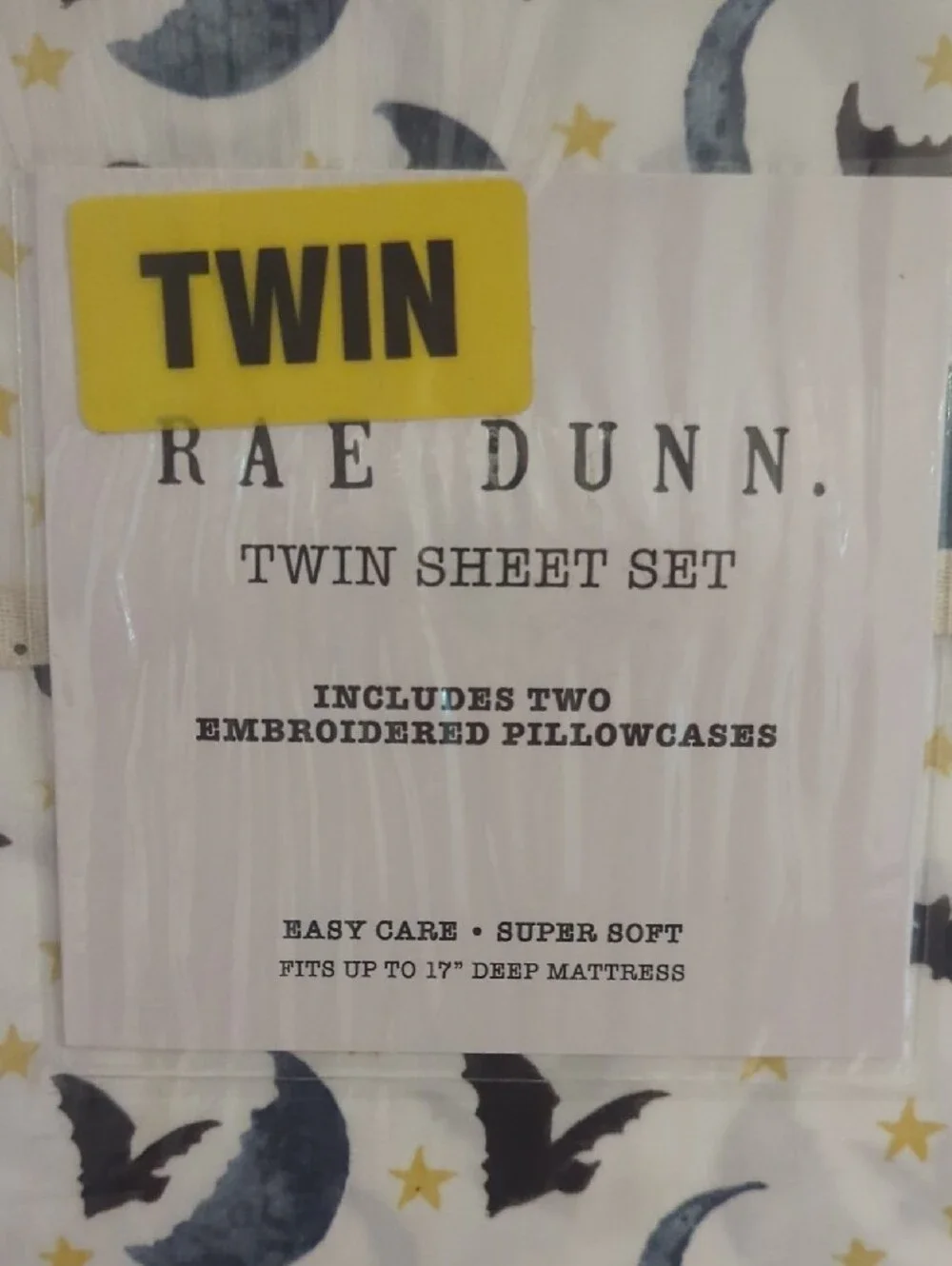 Rae Dunn Spooky Sheet Set - White with Moon & Bat Print